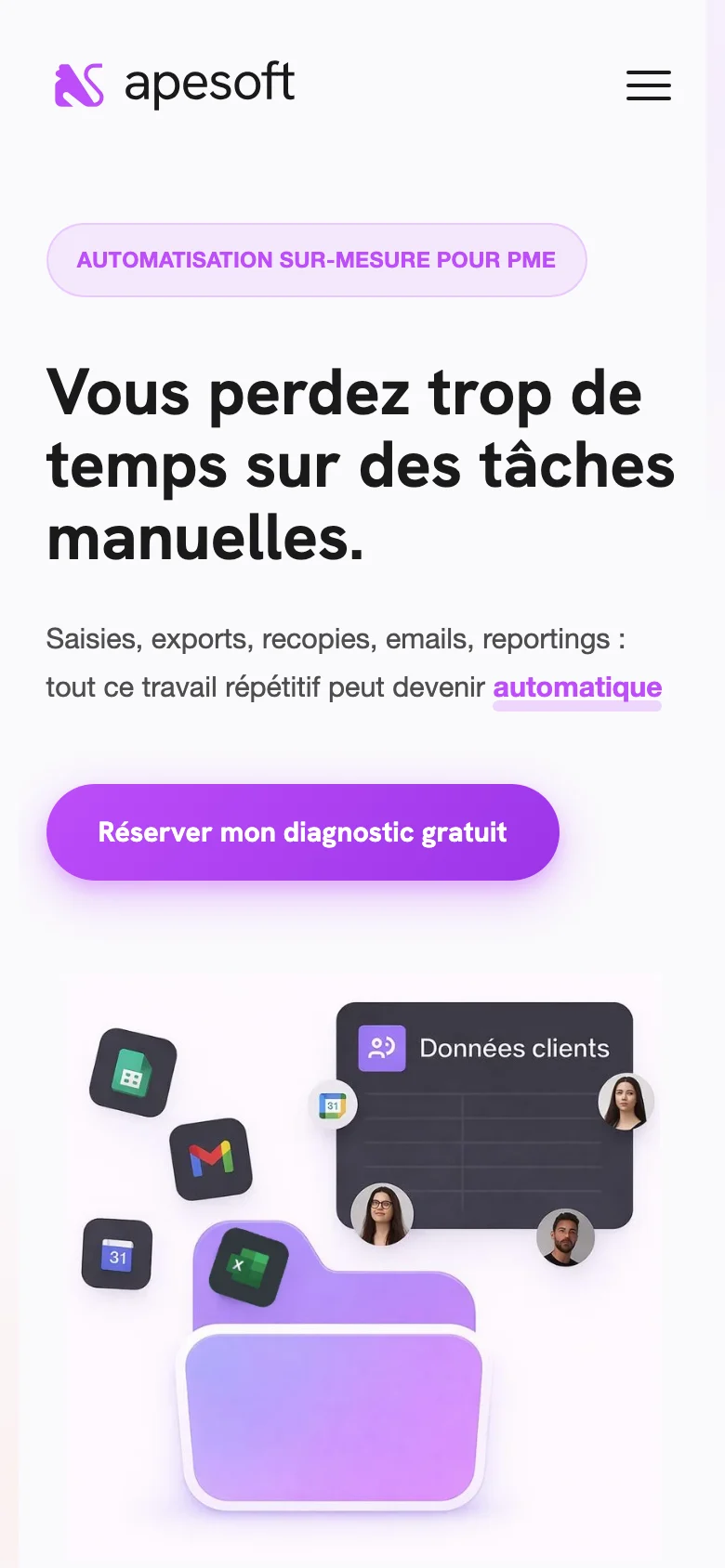 Le site Apesoft sur un écran de téléphone.